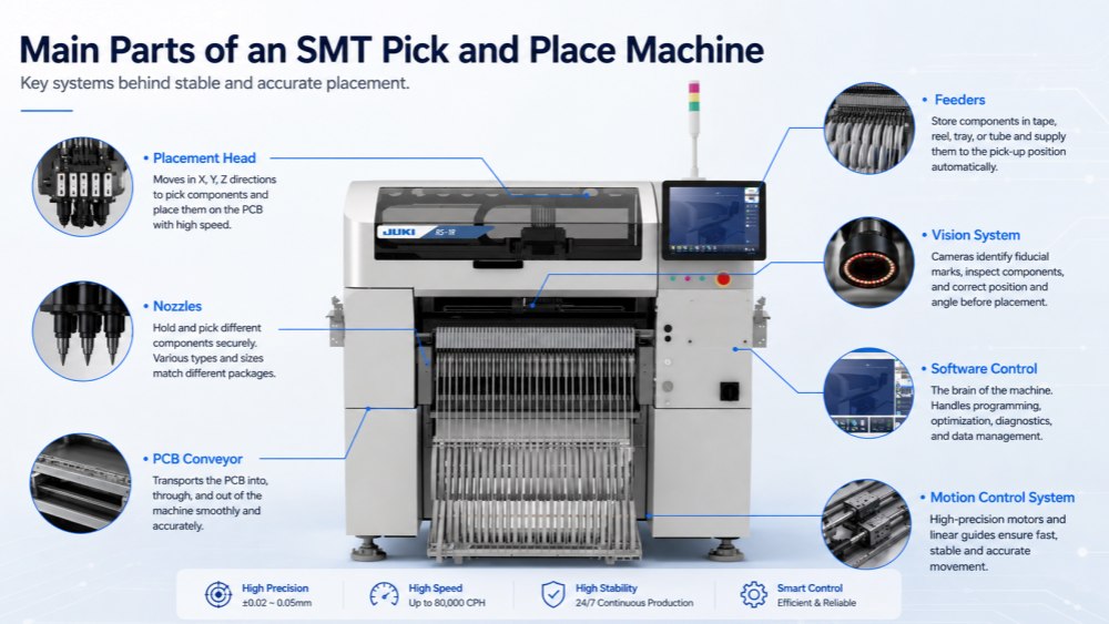 Main Parts of SMT Pick and Place Machine SMT Pick and Place -koneen pääosat