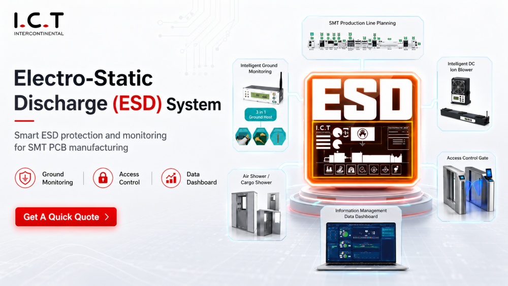 Electro-Static Discharge (ESD) System in SMT PCB Manufacturing Sähköstaattinen purkausjärjestelmä (ESD) SMT-piirilevyjen valmistuksessa